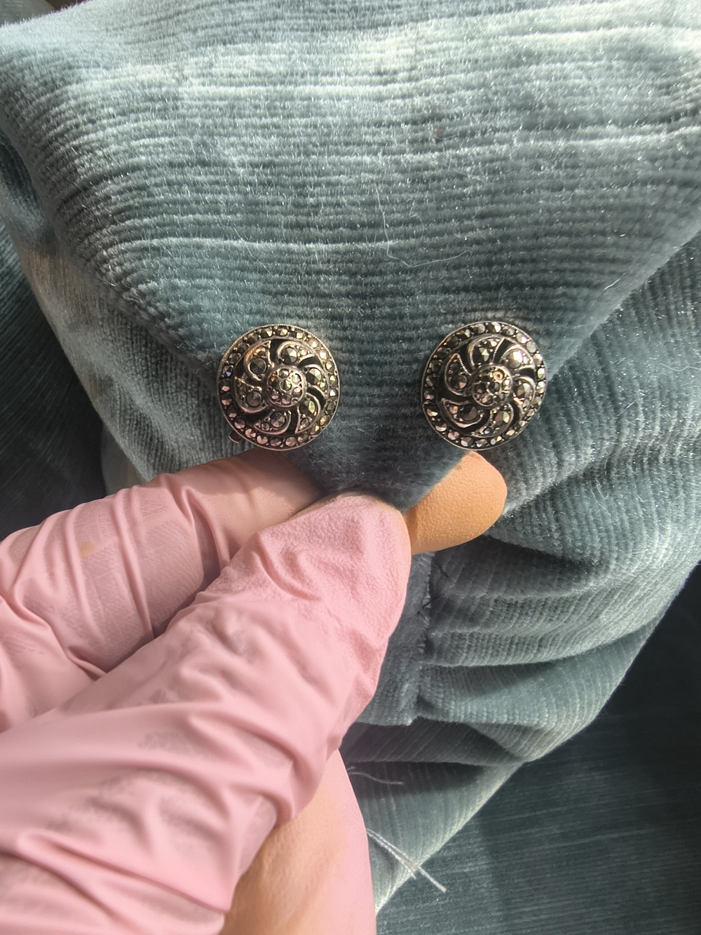 Vintage Sterling Silver Marcasite Clip On Earrings Round Floral Scroll Earrings
